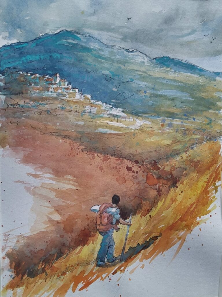 Aquarelle Marien traverse la Provence à pieds